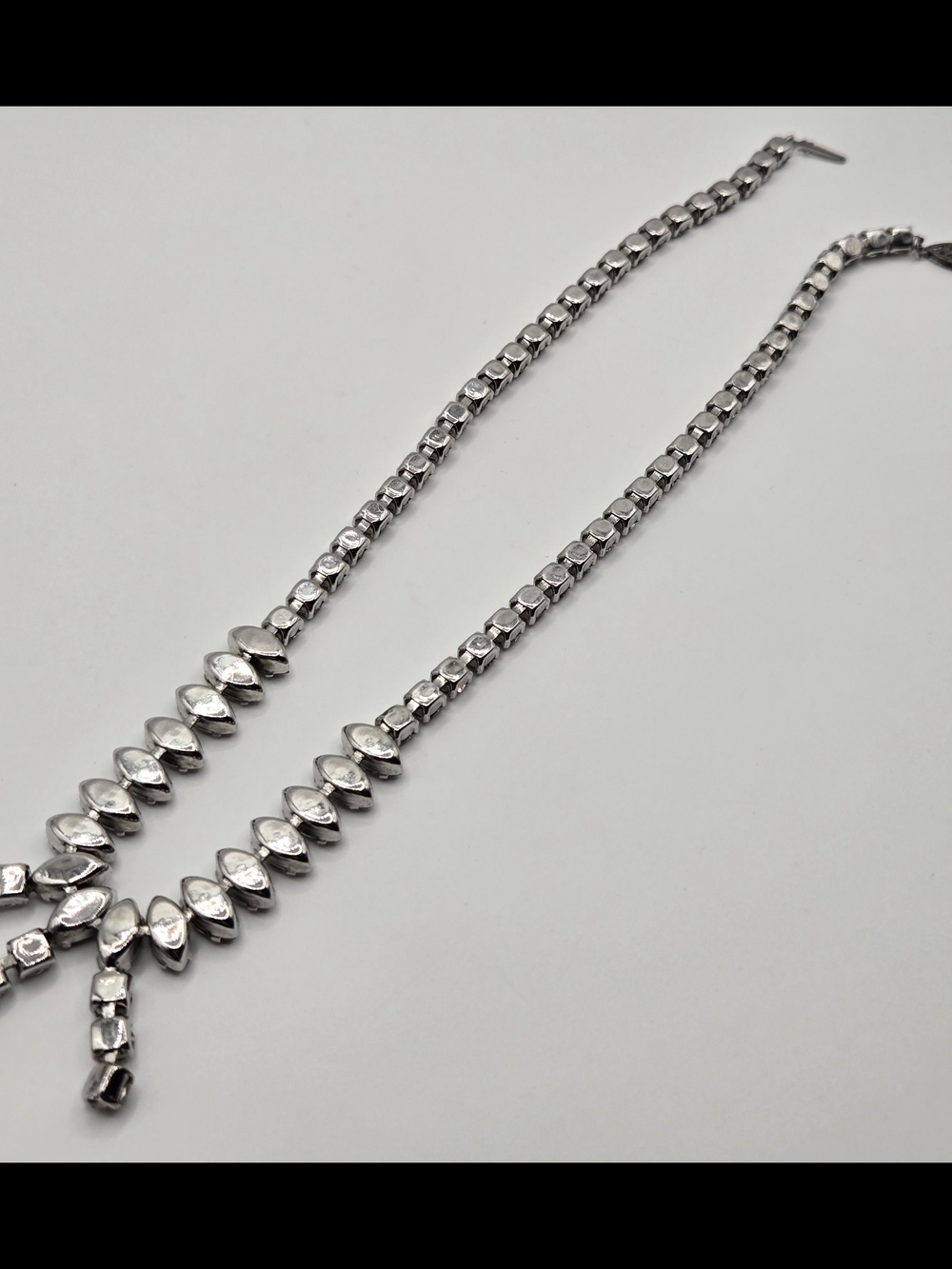 Vintage Rhinestone Drop Necklace – Mid-Century Silver Tone Statement Necklace - Picture 12 of 13
